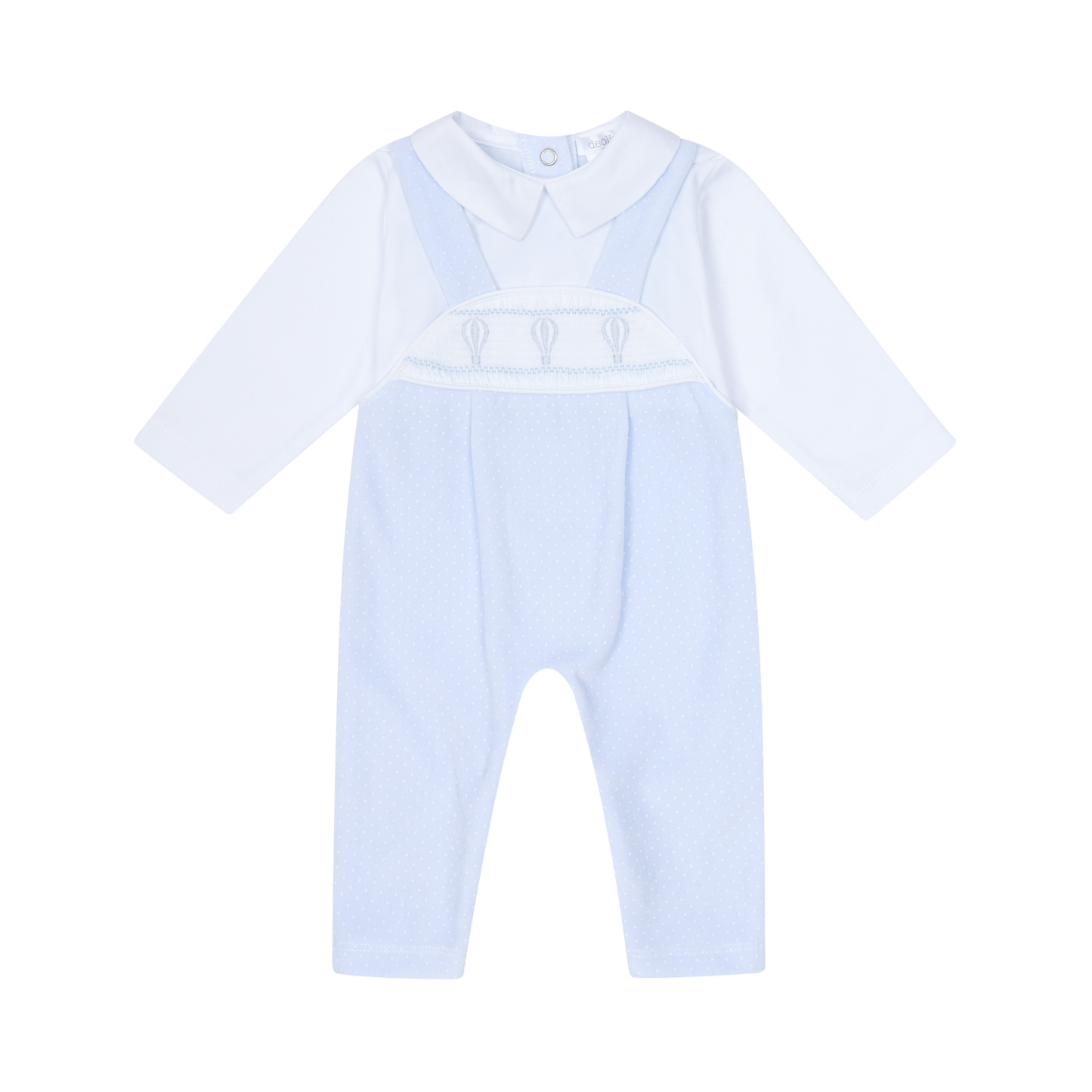 Light blue baby romper with a white shirt on a white background