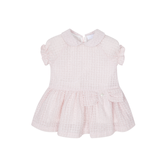 Pink checkered dress with ruffled sleeves on a white background