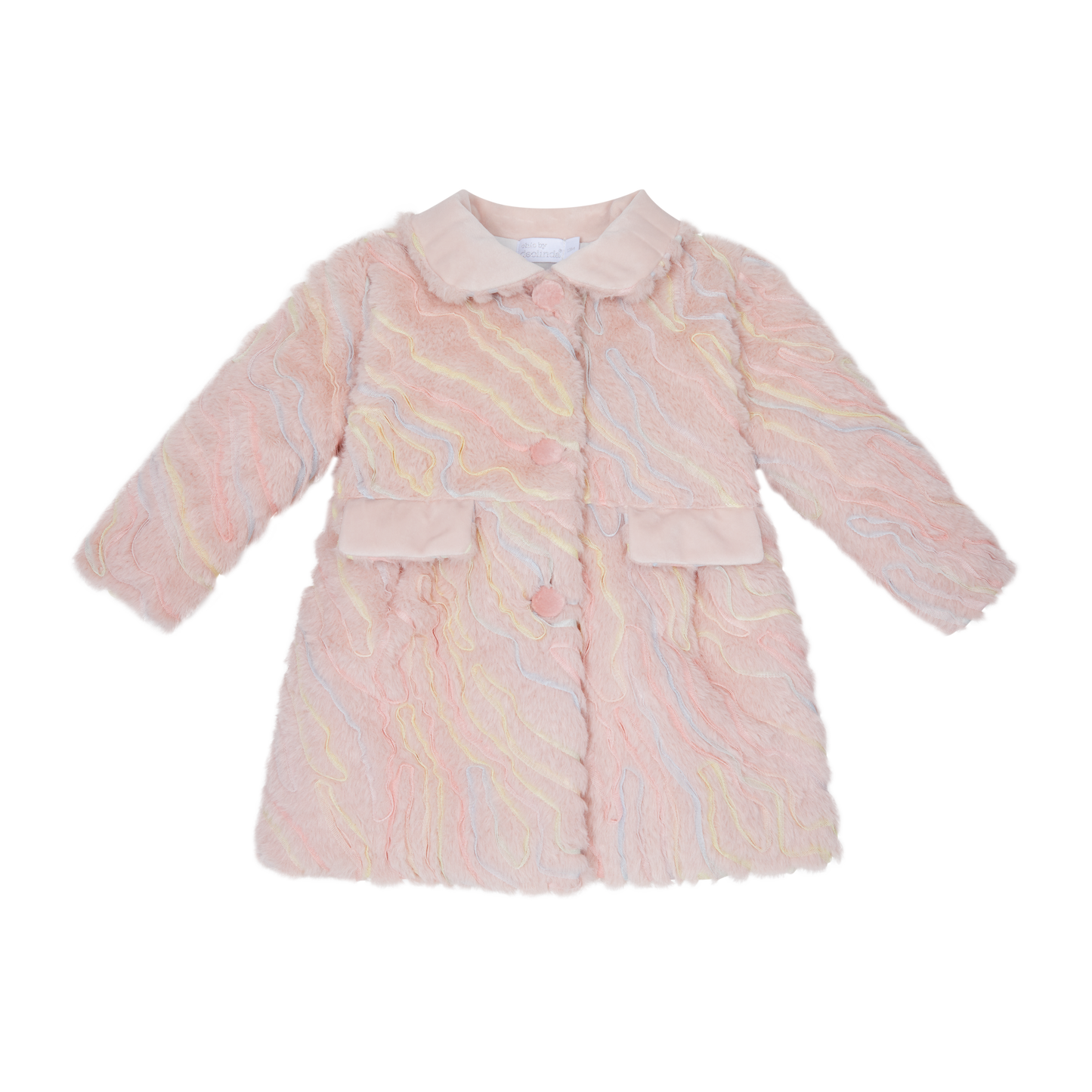 Pink fur coat with a collar on a white background