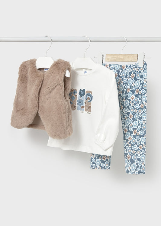 2739 Mayoral 3 Piece Legging Set with Faux Fur Gilet