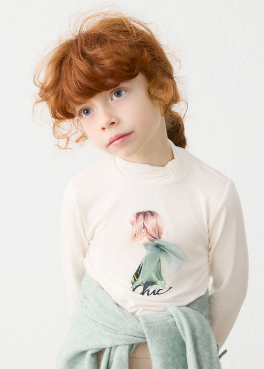 4001 Mayoral Girl Applique Bow Turtle Neck Top