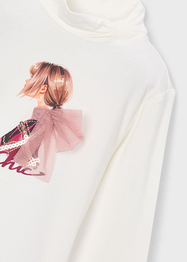 4001 Mayoral Girl Applique Bow Turtle Neck Top