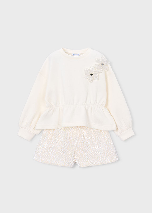 Mayoral Girls Sequin Short Set Cream & Pink | 2 Piece Outfit | Little VIPS 4231