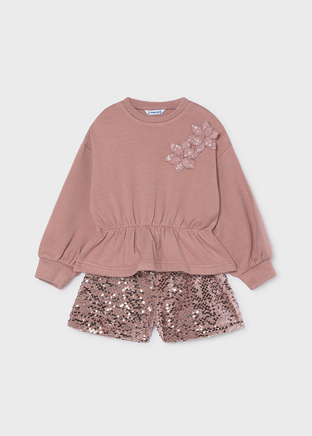 Mayoral Girls Sequin Short Set Cream & Pink | 2 Piece Outfit | Little VIPS 4231