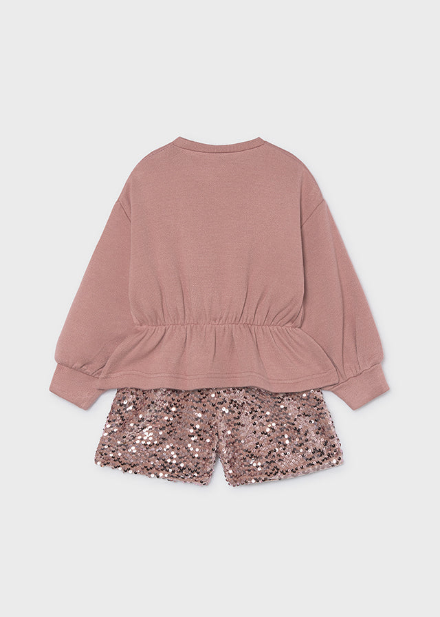 Mayoral Girls Sequin Short Set Cream & Pink | 2 Piece Outfit | Little VIPS 4231