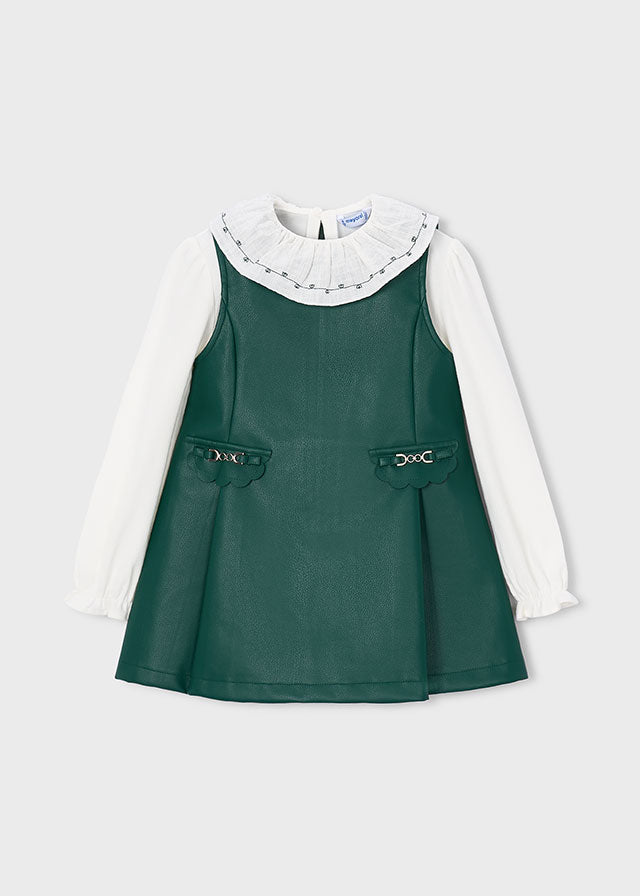 4921 Mayoral Faux Leather Pinafore Dress Set | Girls 2 Piece Outfit | Little VIPs