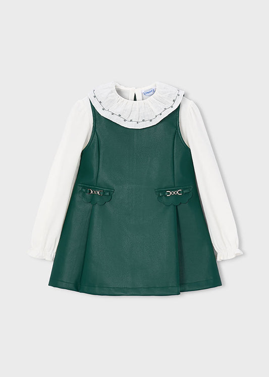 4921 Mayoral Faux Leather Pinafore Dress Set | Girls 2 Piece Outfit | Little VIPs