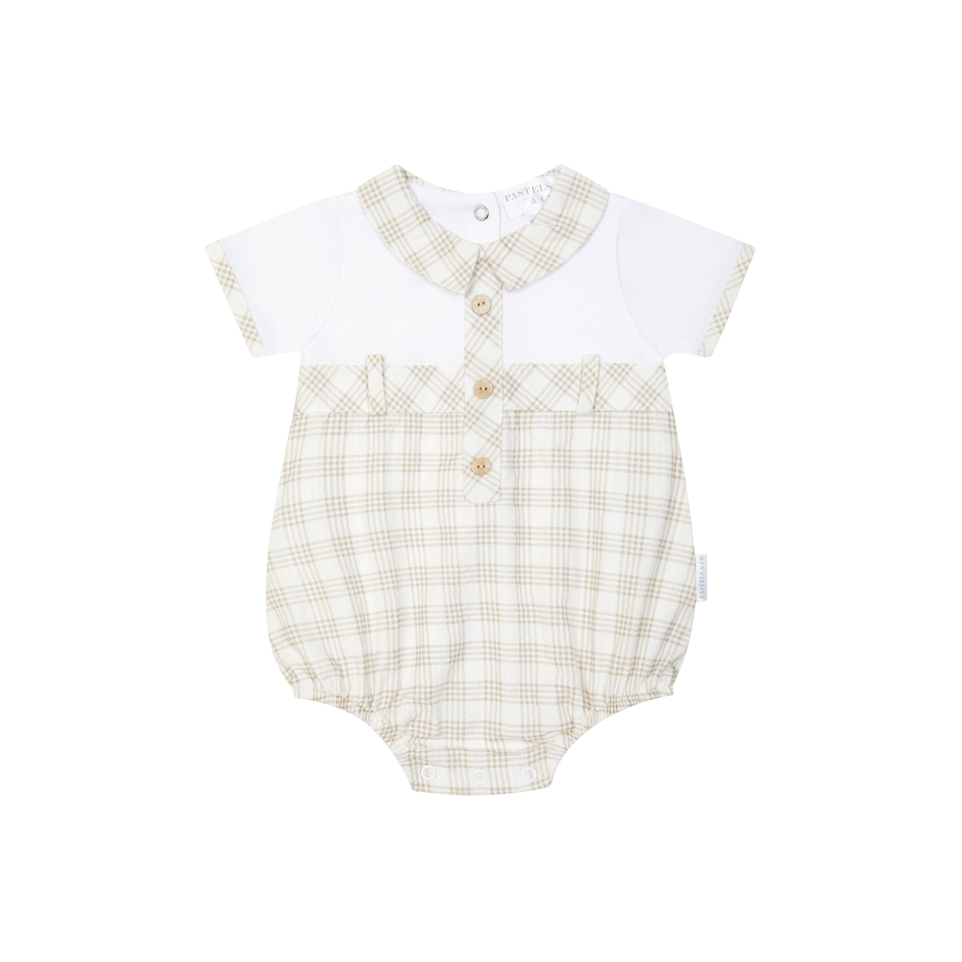 Baby romper with checkered design and white shirt on a white background