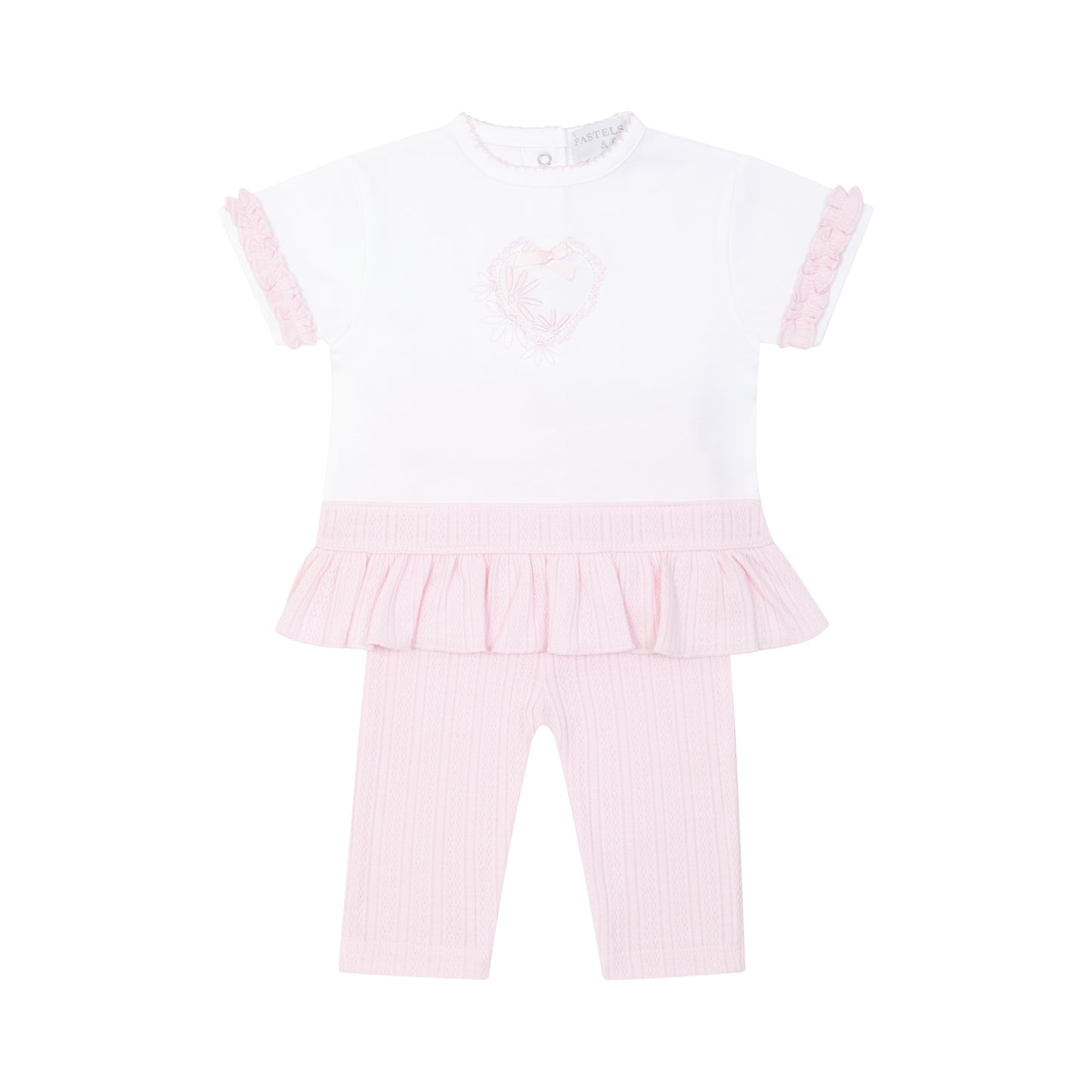 Pink baby outfit with top and pants on a white background