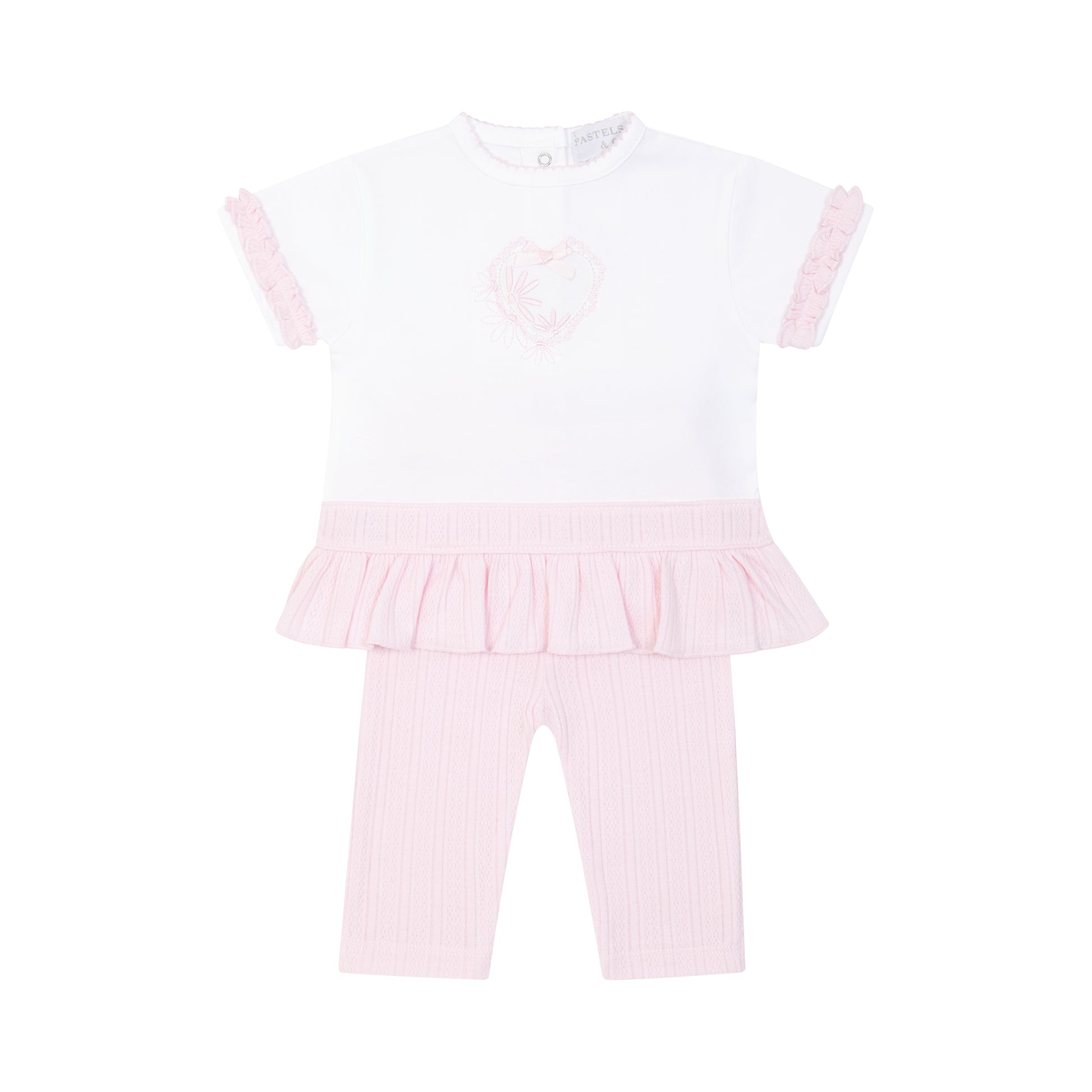 Pink baby outfit with top and pants on a white background