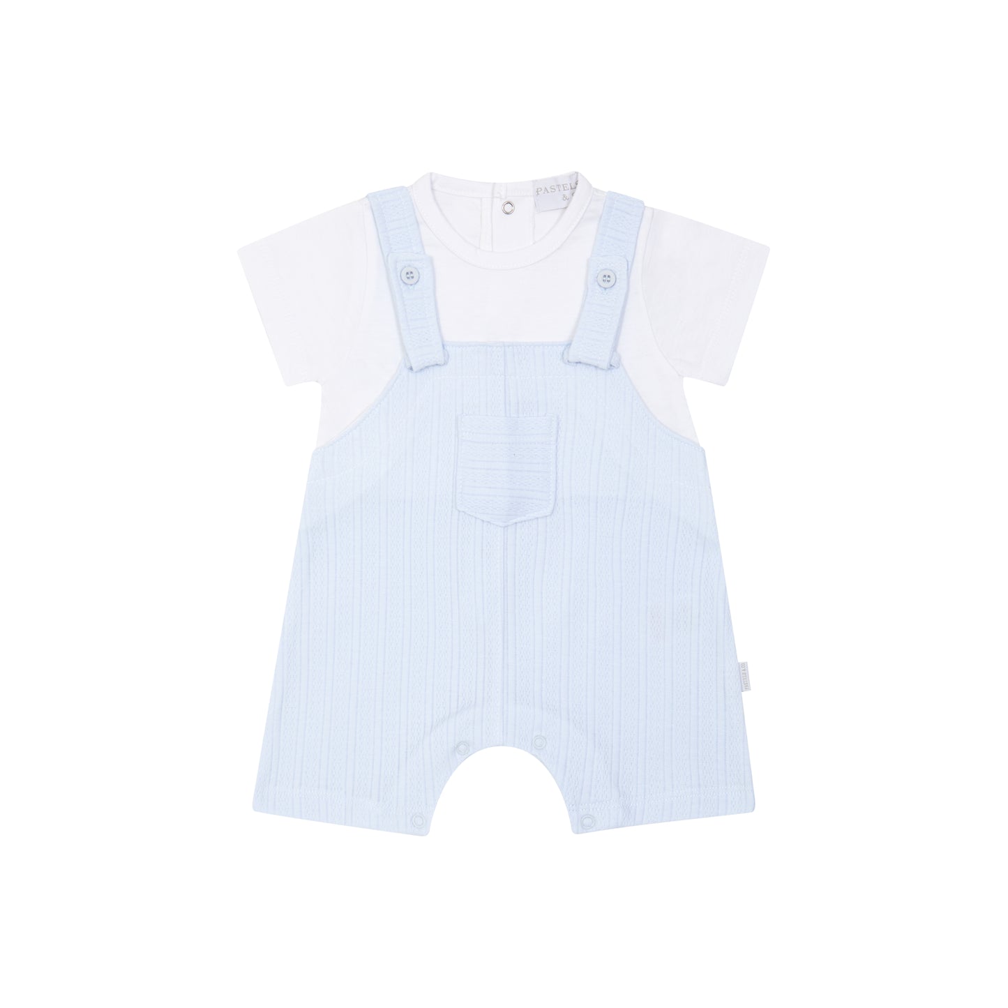 Light blue striped romper with suspenders on a white background