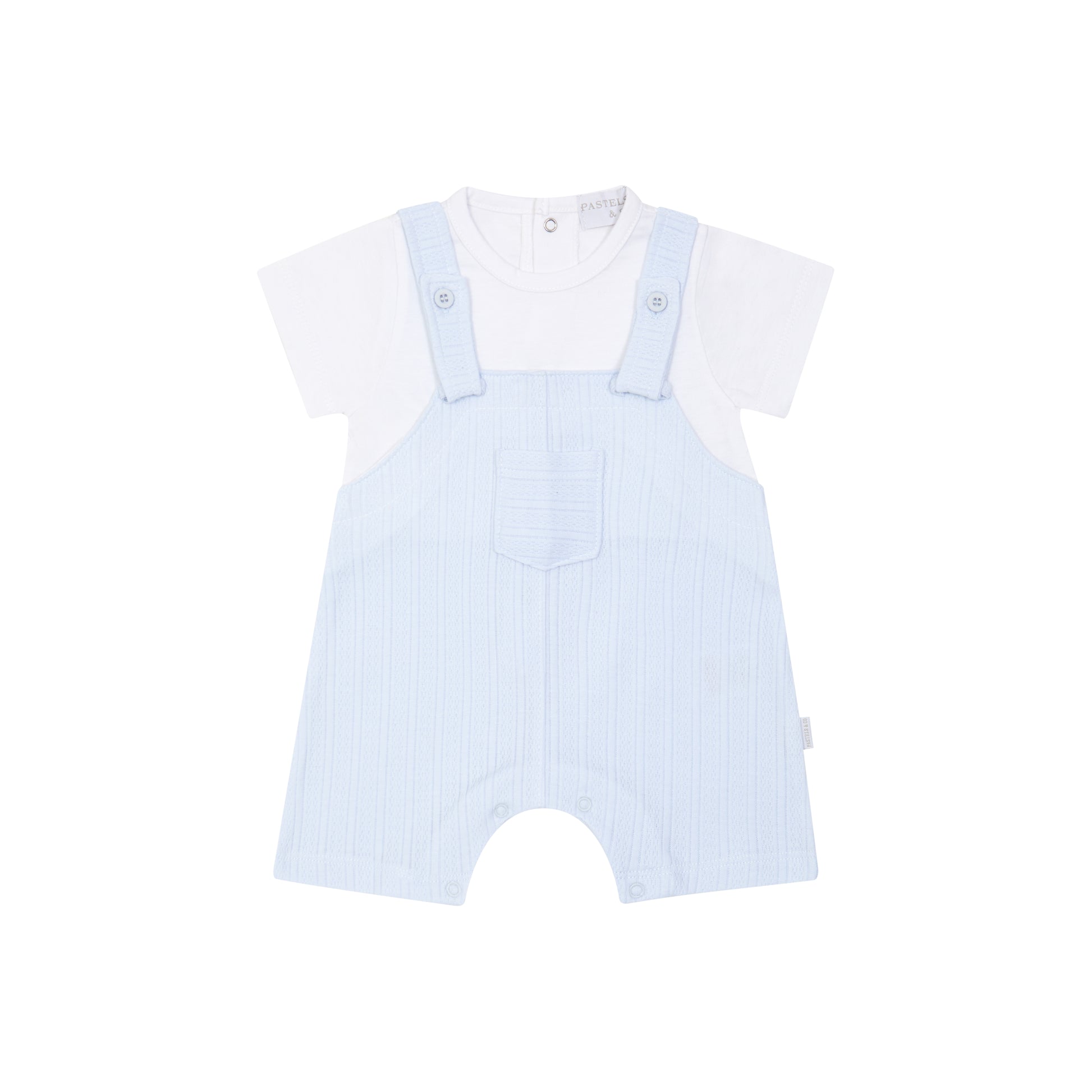 Light blue striped romper with suspenders on a white background