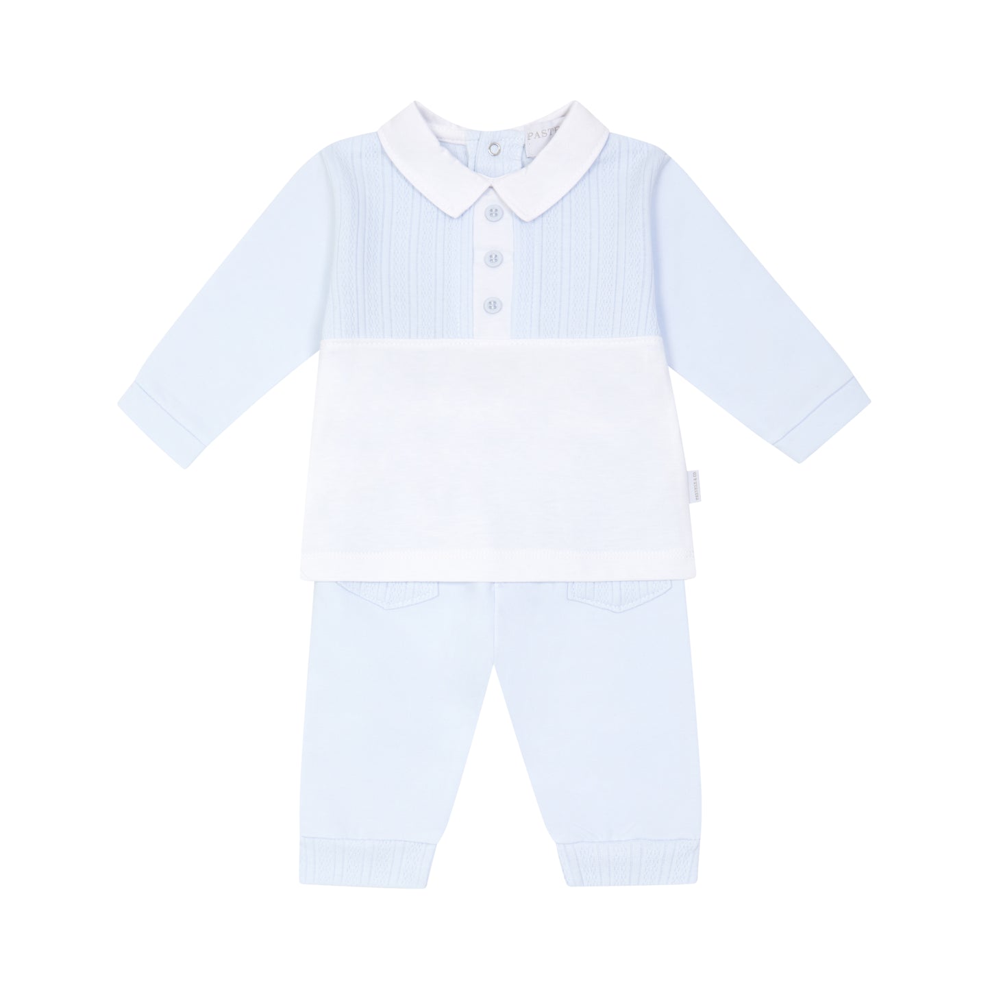 Baby outfit with striped shirt and pants on a white background