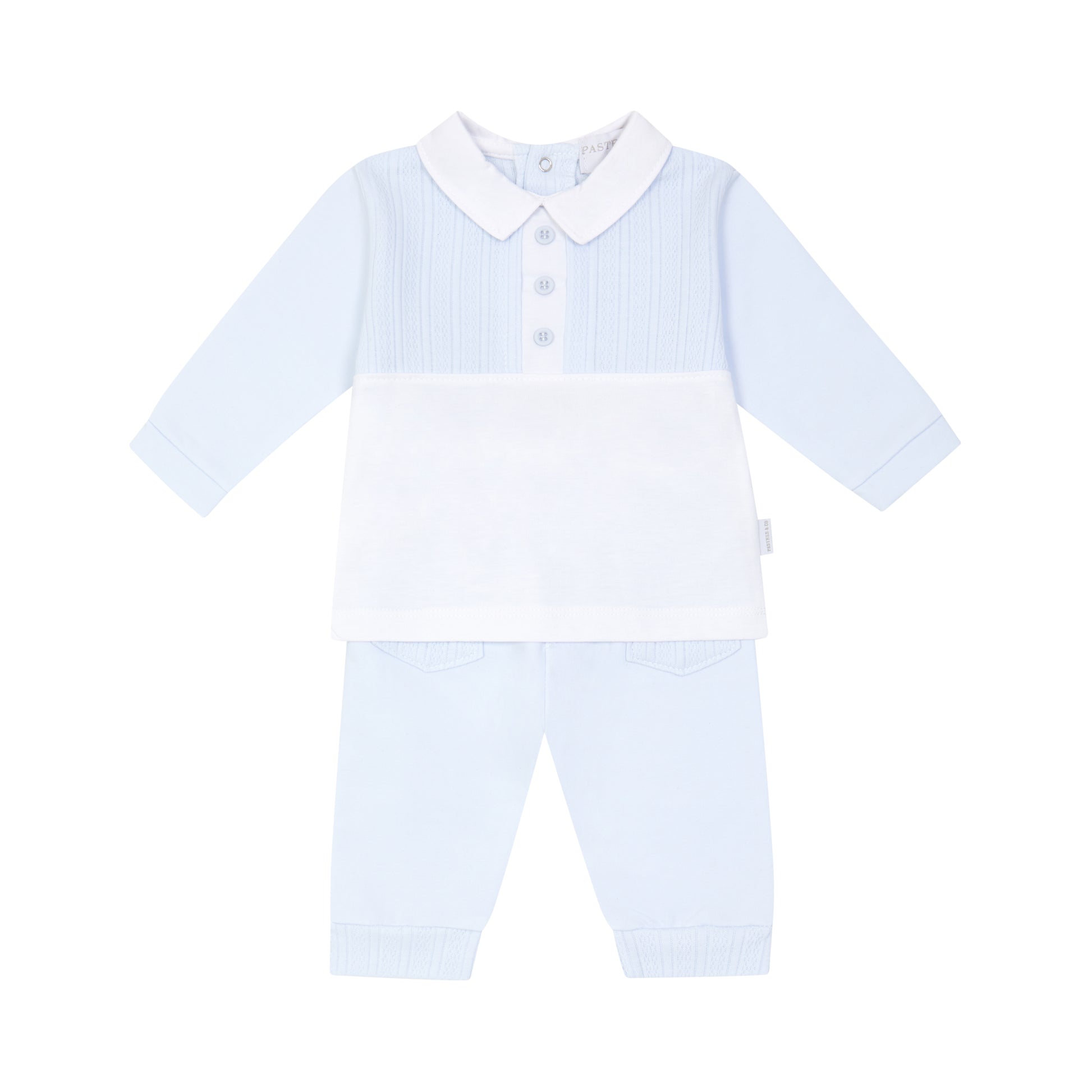 Baby outfit with striped shirt and pants on a white background