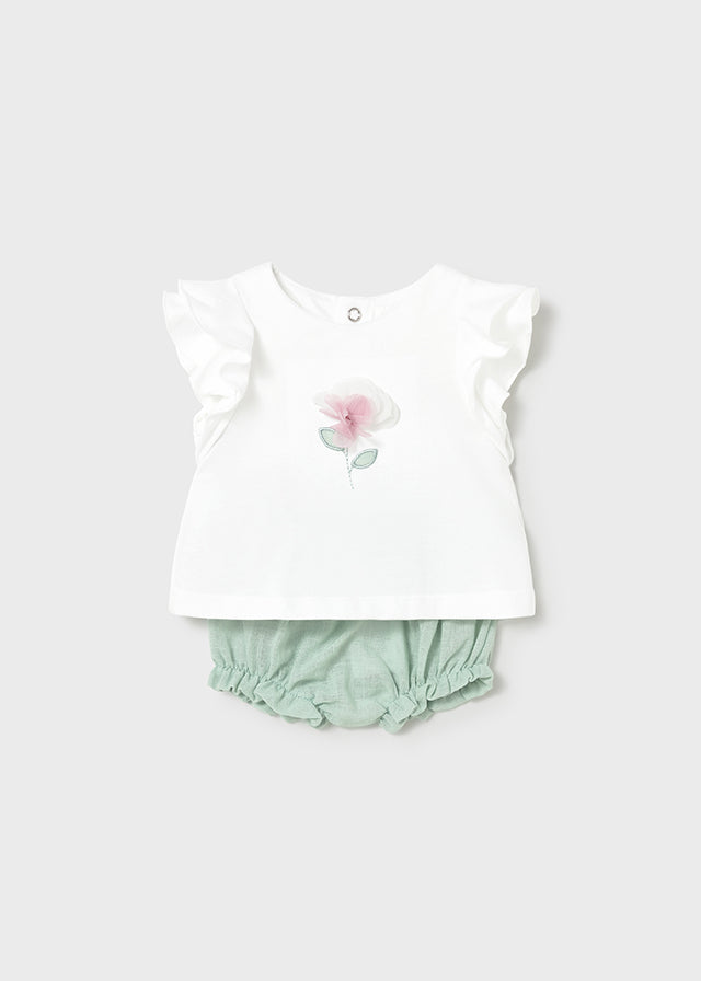 Mayoral bloomer set with flower applique to front of top 
