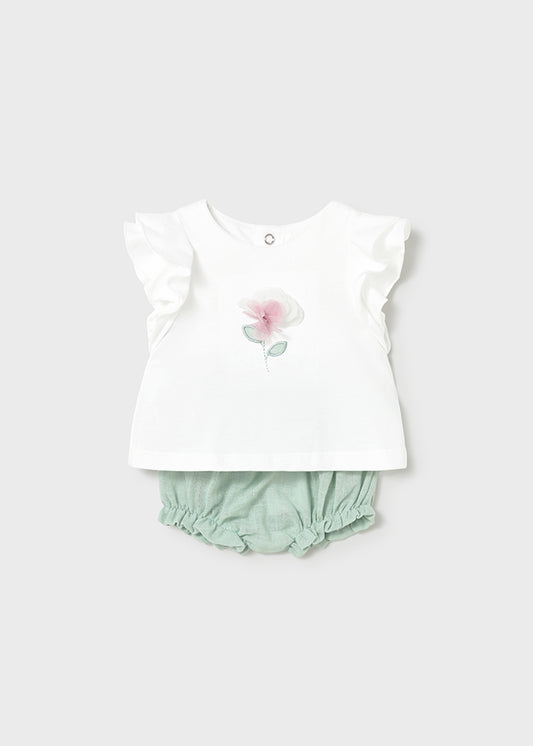 Mayoral bloomer set with flower applique to front of top 