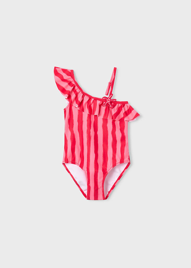Red striped swimsuit on a light gray background