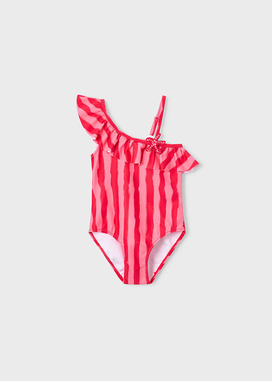 Red striped swimsuit on a light gray background