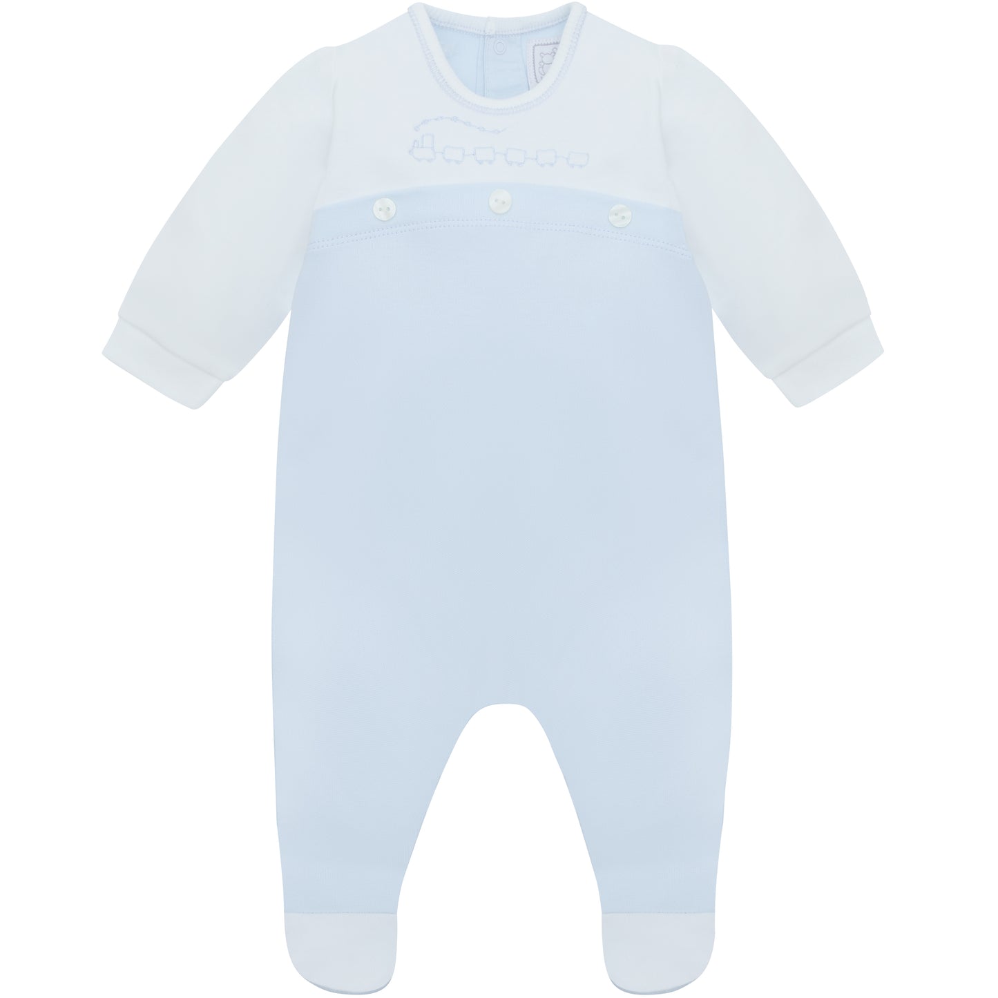 Light blue baby onesie with a plain background