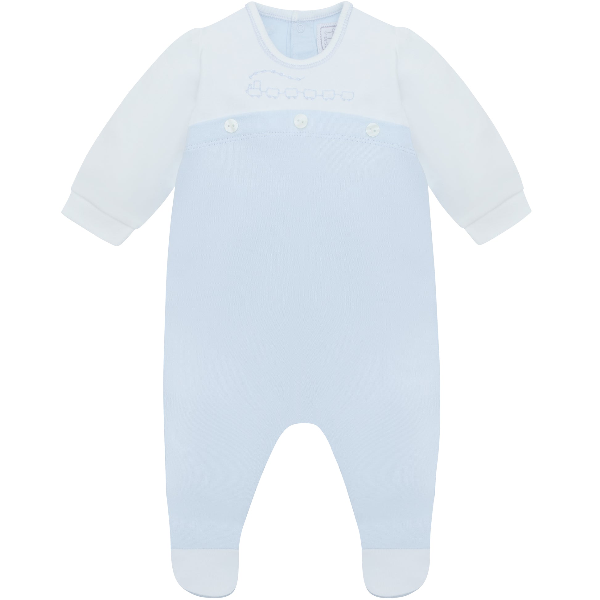 Light blue baby onesie with a plain background