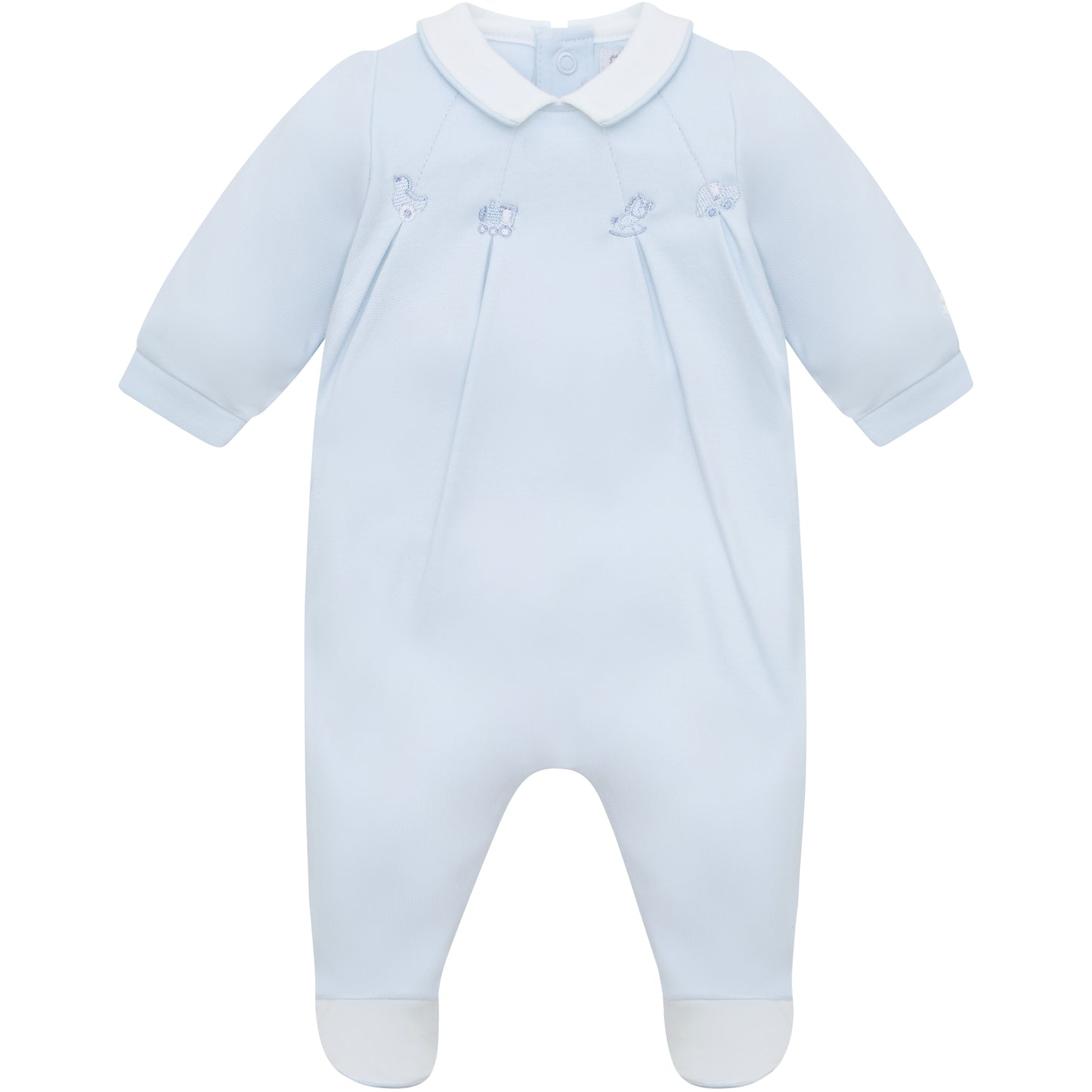 Light blue baby romper with white collar on a white background