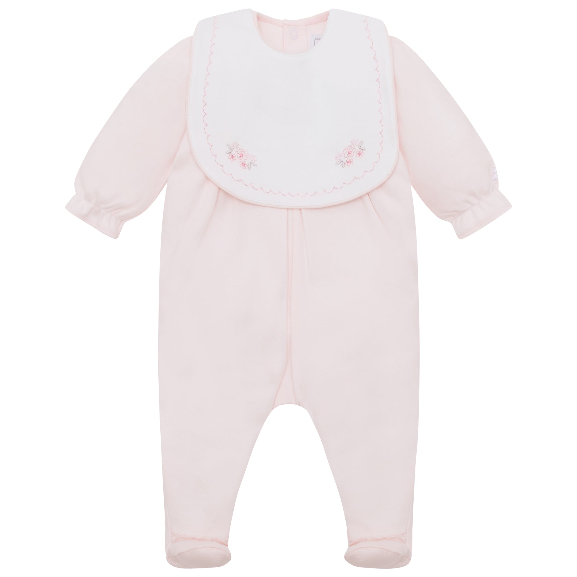 Pink baby onesie with bib on a white background