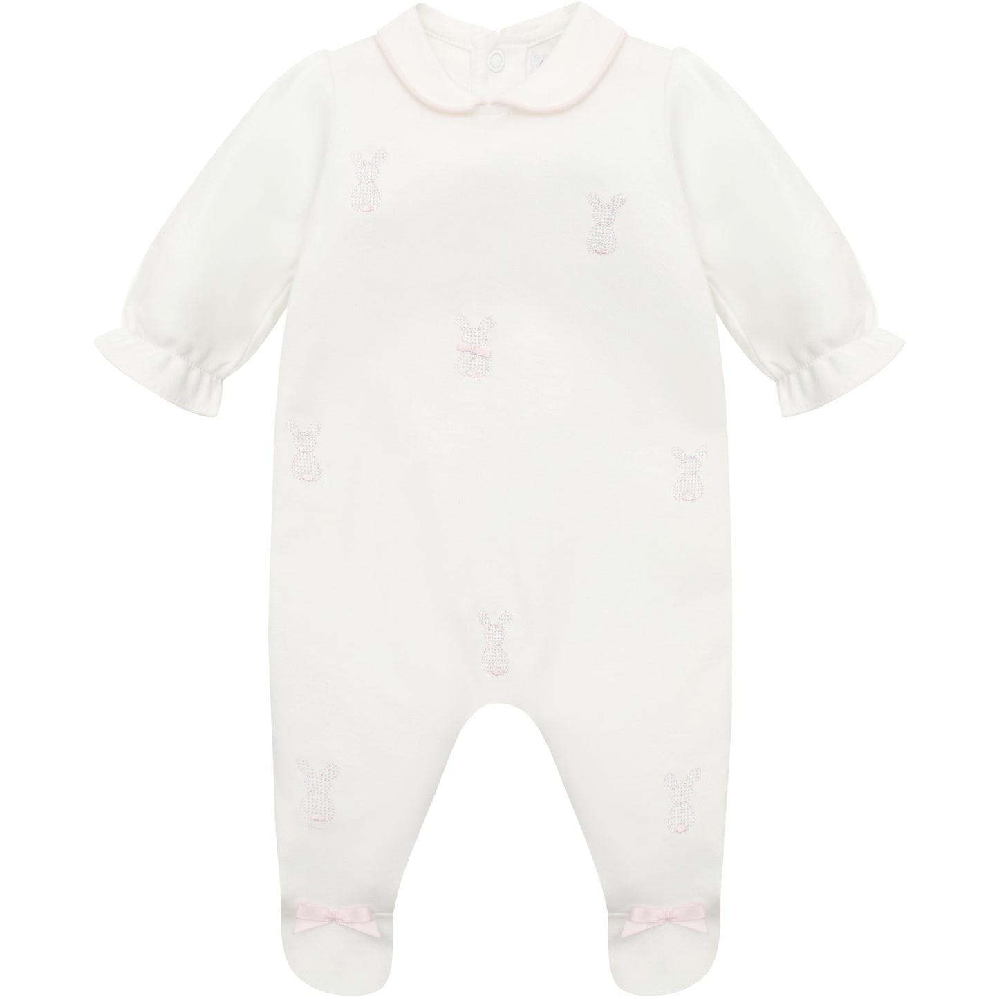 White baby onesie with pink trim on a white background