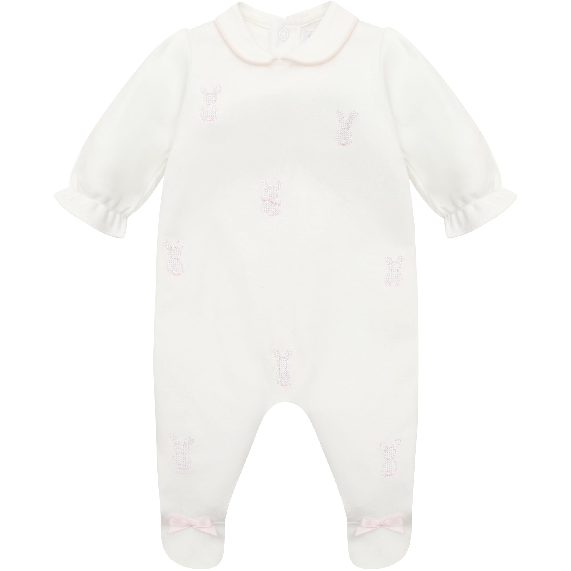 White baby onesie with pink trim on a white background