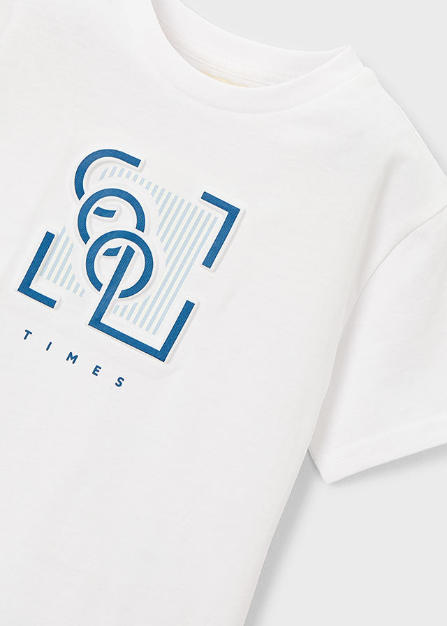 White t-shirt with blue geometric logo and text on a white background