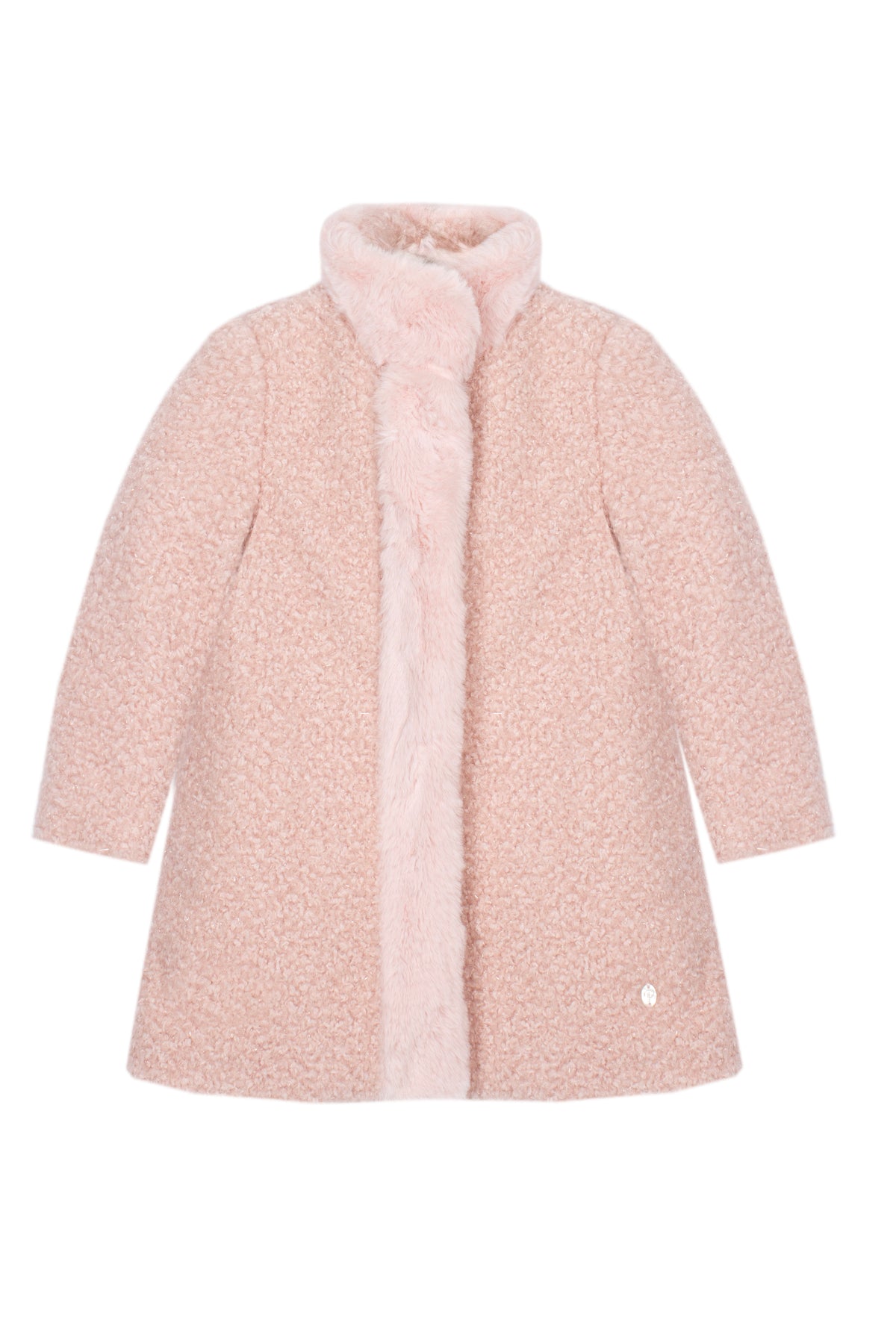 A light pink textured bouclé coat with a plush faux-fur collar and front trim, shown on a plain white background.
