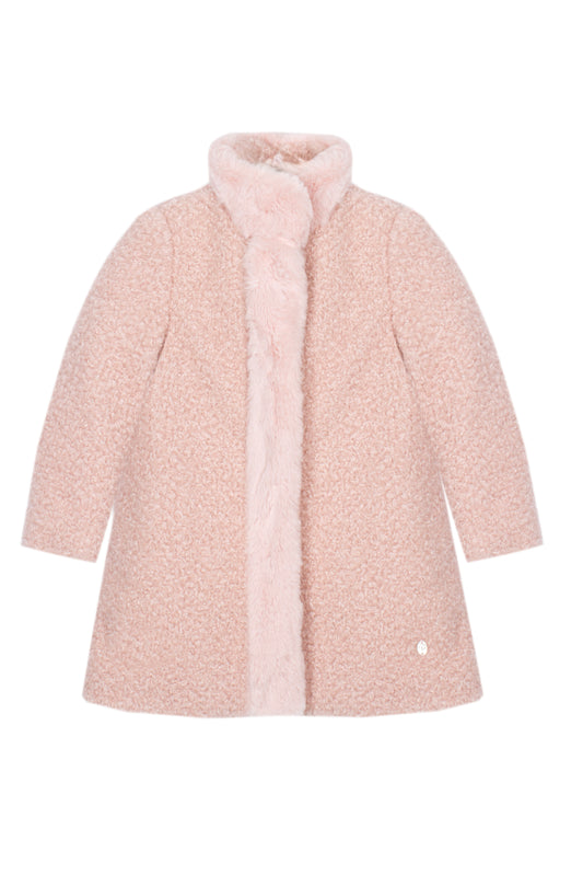 A light pink textured bouclé coat with a plush faux-fur collar and front trim, shown on a plain white background.