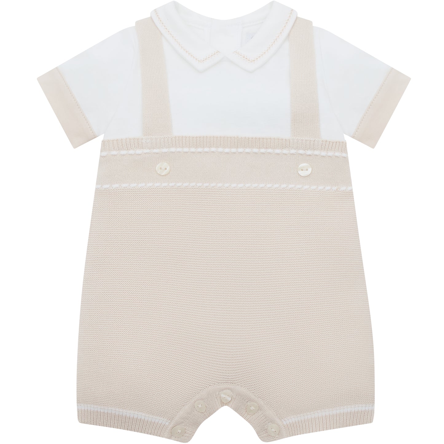Baby romper with white shirt and beige overalls on a white background