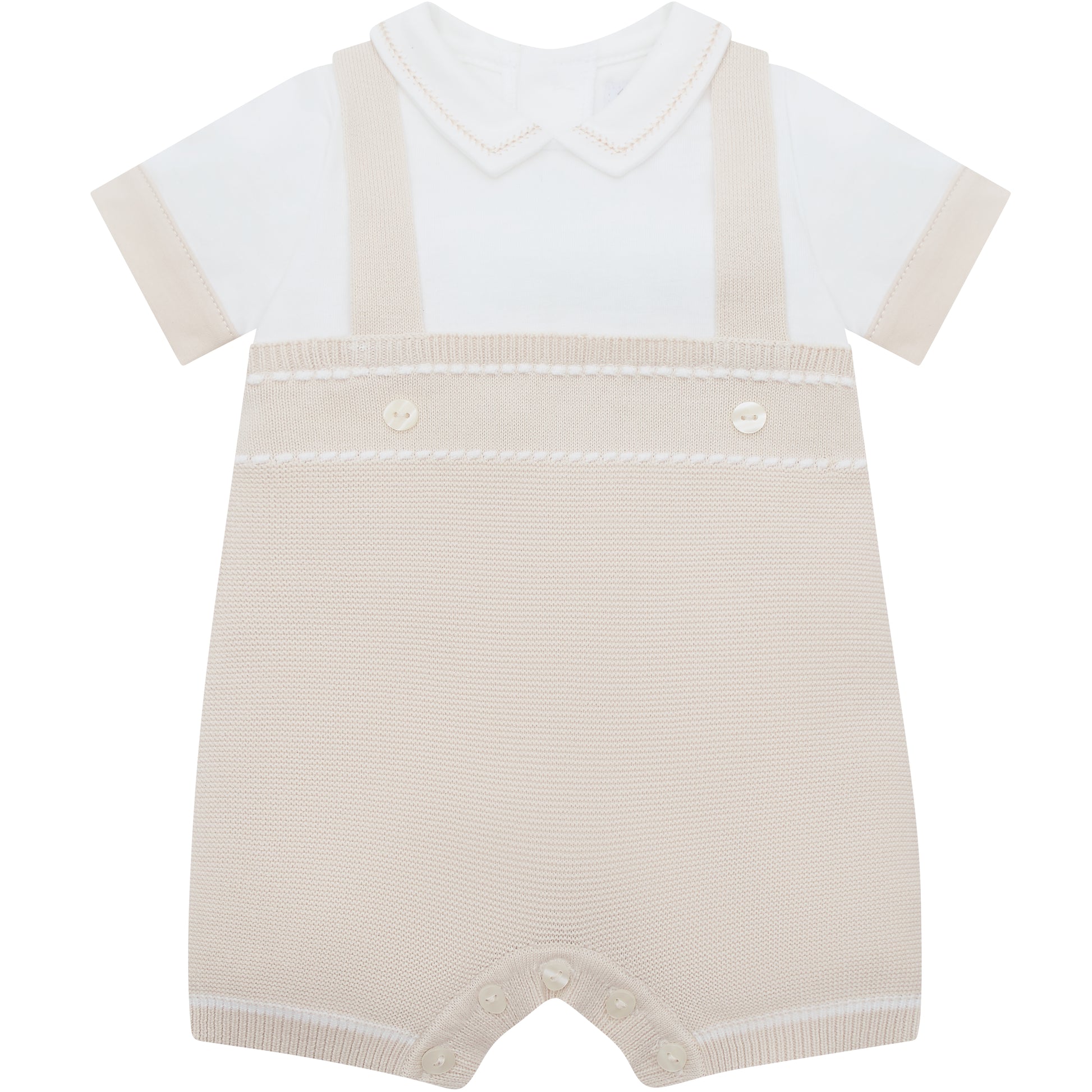 Baby romper with white shirt and beige overalls on a white background