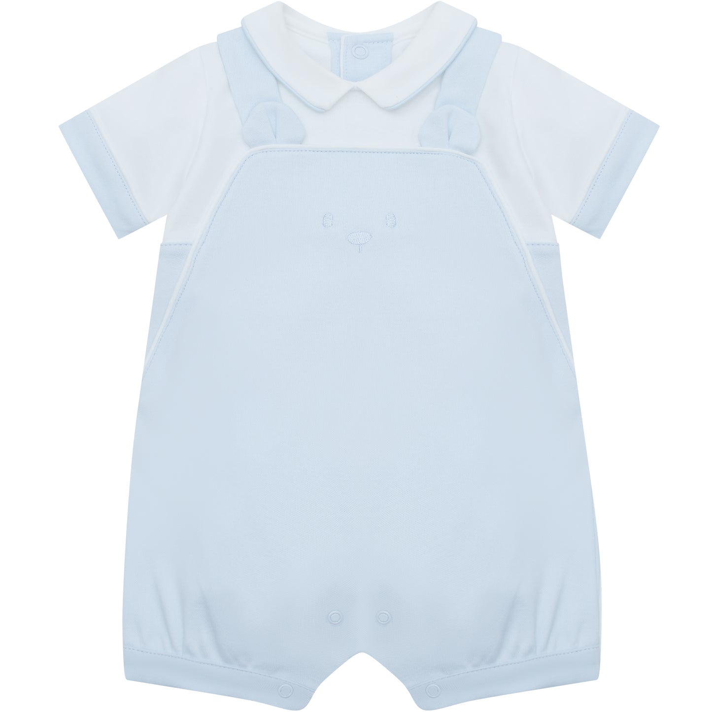 Light blue baby romper with white collar on a white background