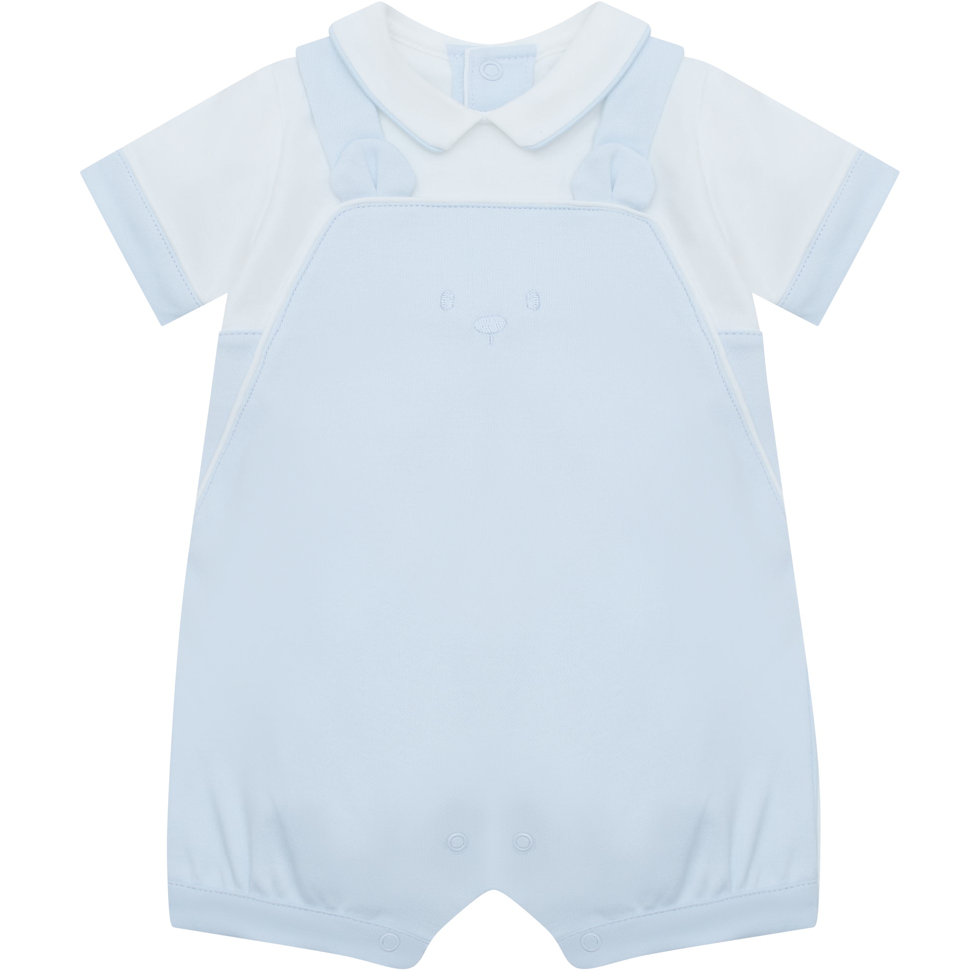 Light blue baby romper with white collar on a white background