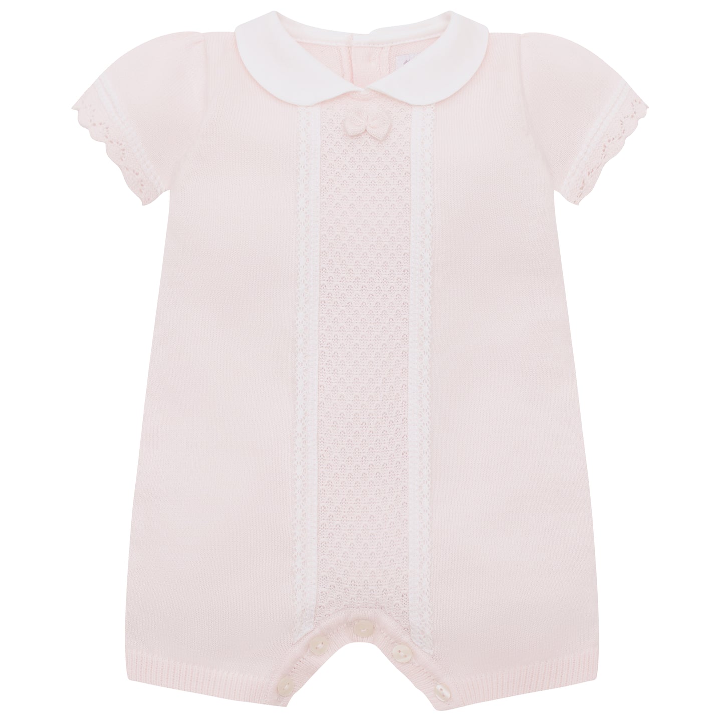 Pink baby romper with white collar on a white background
