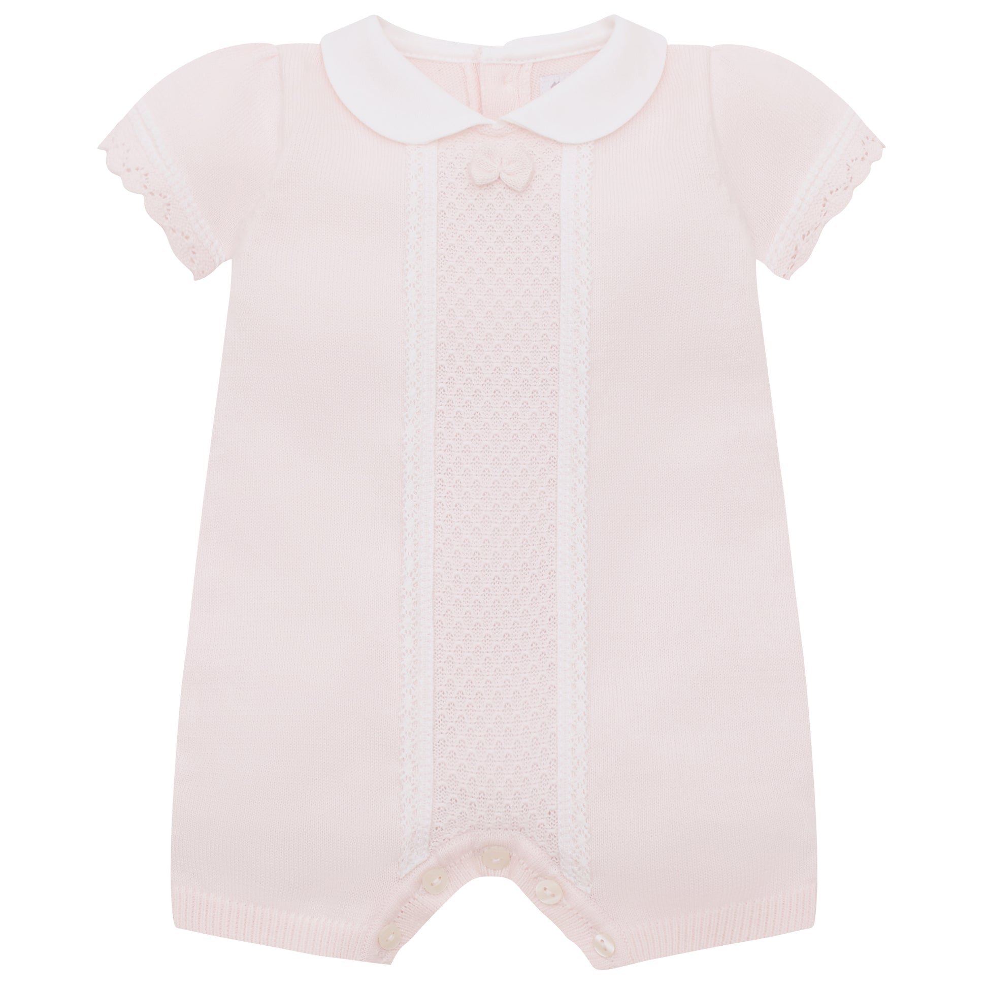 Pink baby romper with white collar on a white background