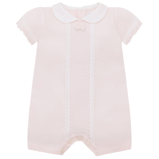 Pink baby romper with white collar on a white background