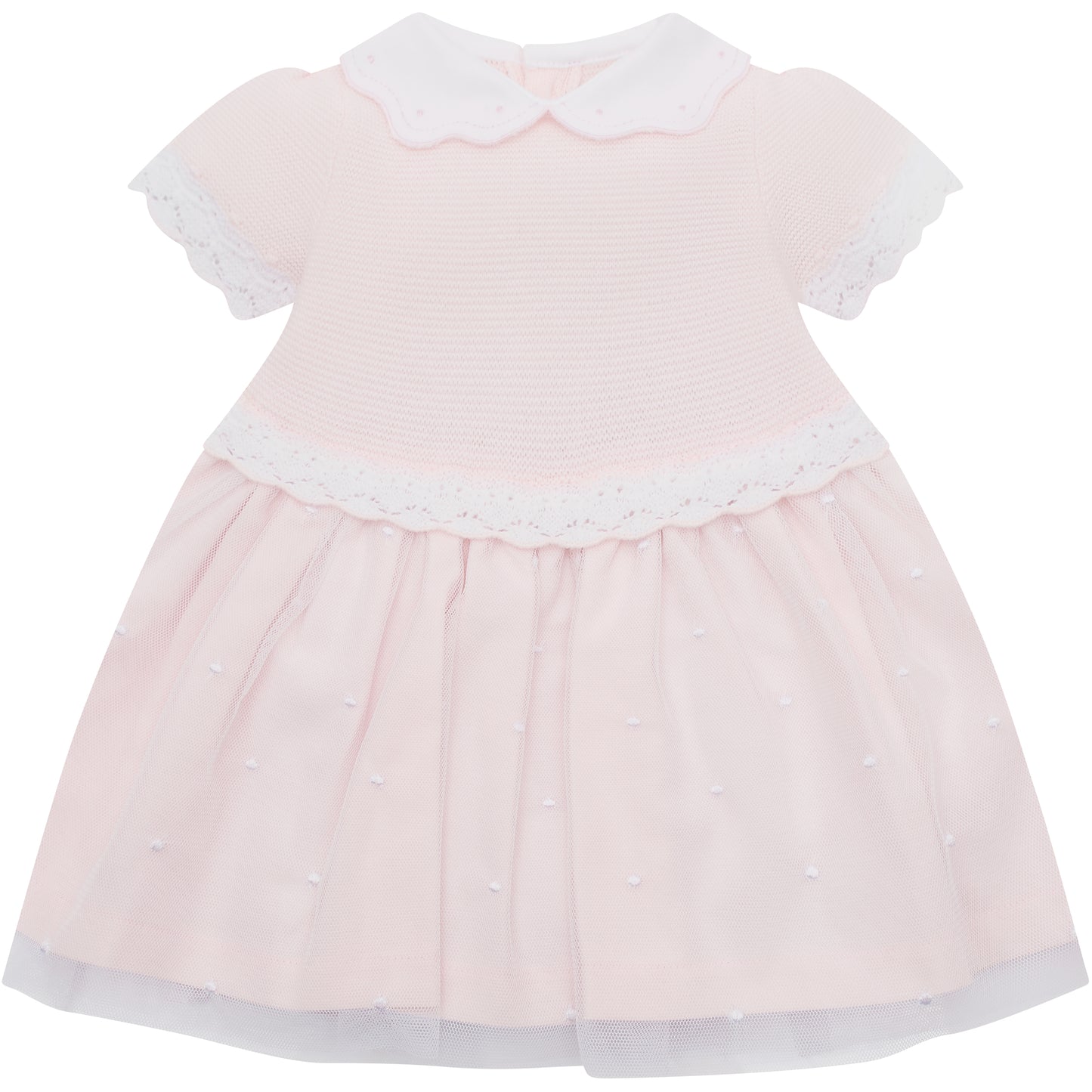 Pink dress with white lace details on a white background