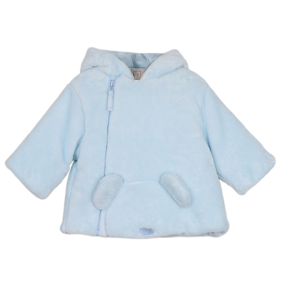 A light blue plush hooded jacket with a front zipper, long sleeves, and two rounded front pockets, shown on a plain white background.