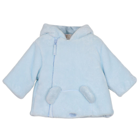 A light blue plush hooded jacket with a front zipper, long sleeves, and two rounded front pockets, shown on a plain white background.