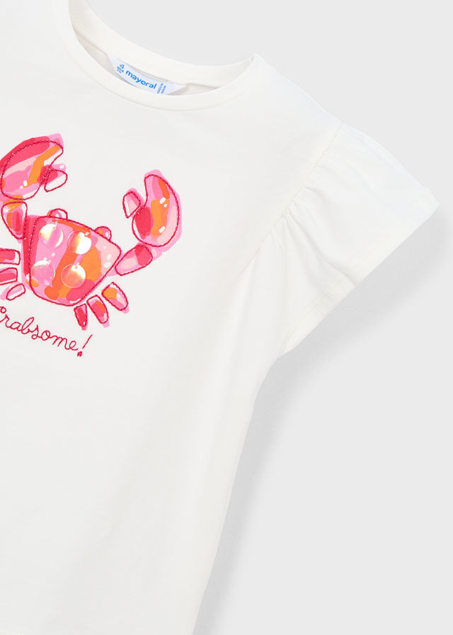 White t-shirt with a pink crab graphic and 'Crasbome!' text on a white background