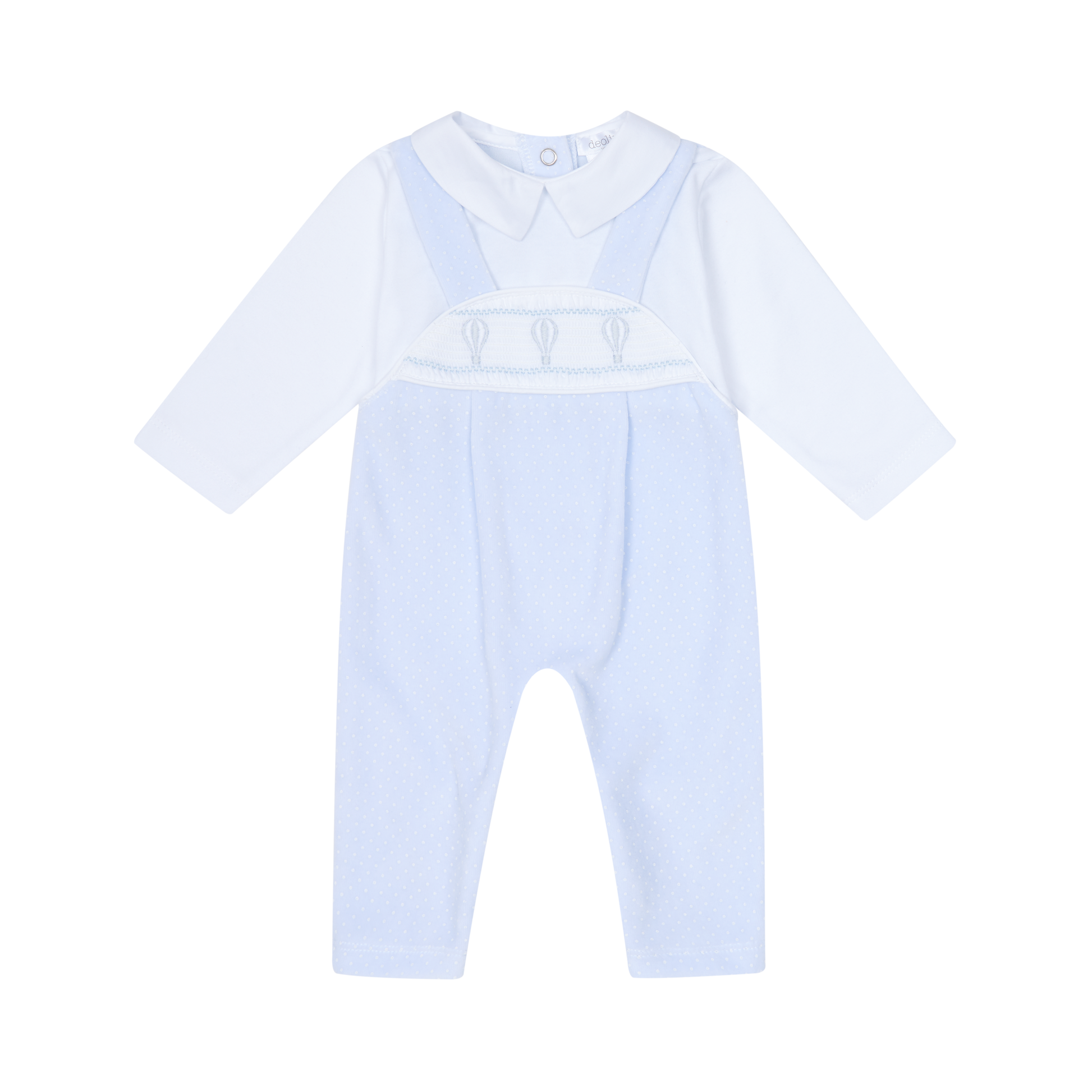 Light blue baby romper with a white shirt on a white background