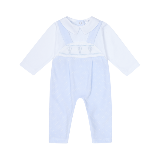 Light blue baby romper with a white shirt on a white background