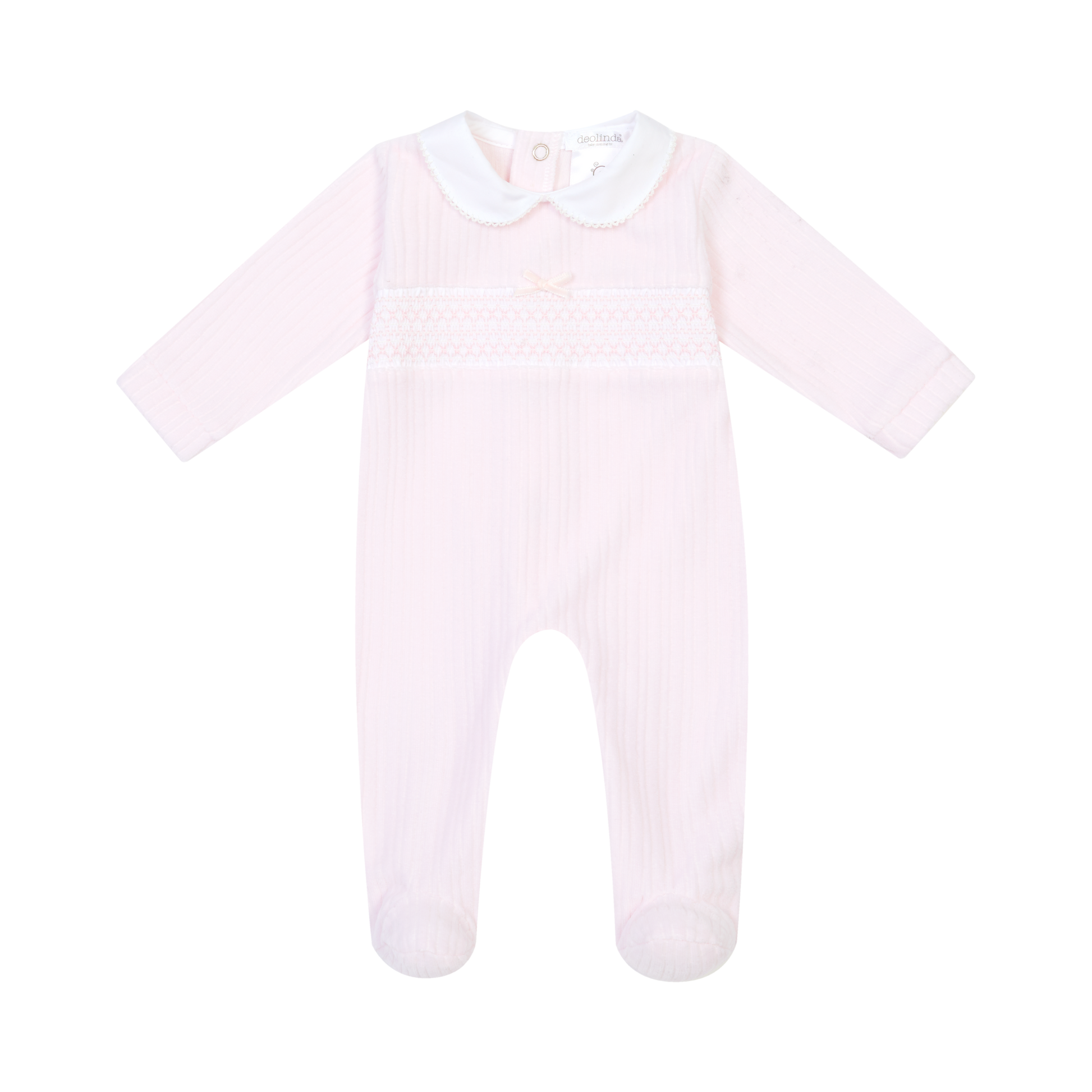 A light pink ribbed footed sleeper with long sleeves, a white Peter Pan collar, and a small embroidered bow at the chest, shown flat on a white background.