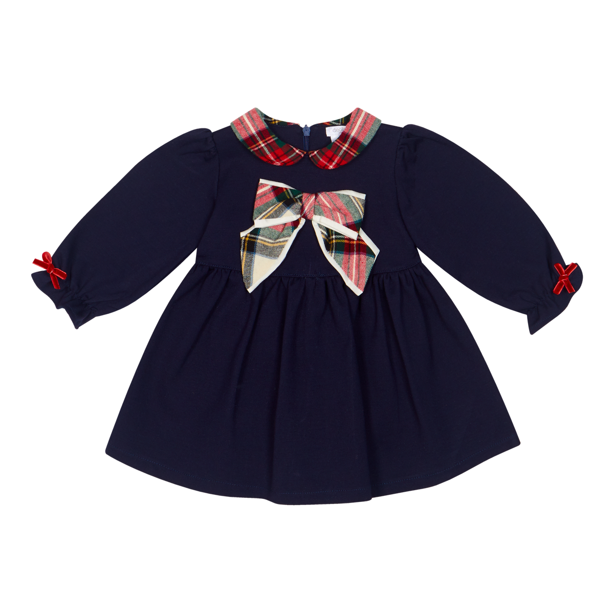 A navy blue long-sleeve baby dress with a red, green, and beige plaid collar and matching plaid bow on the chest, finished with small red bow details on the sleeves.