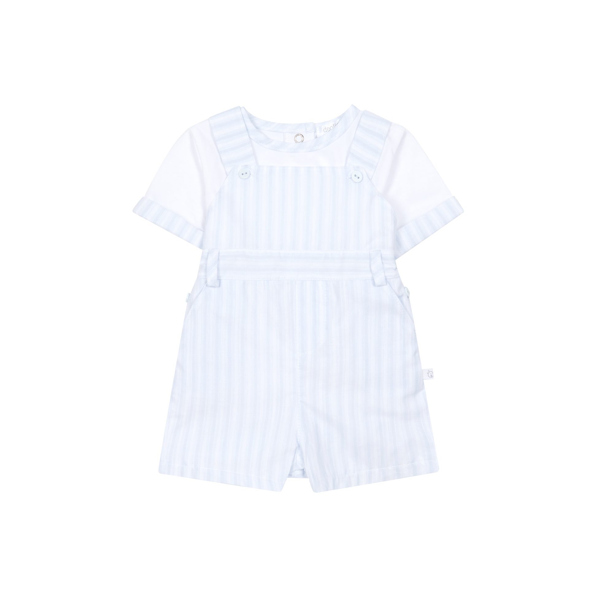 White baby romper with blue stripes on a white background