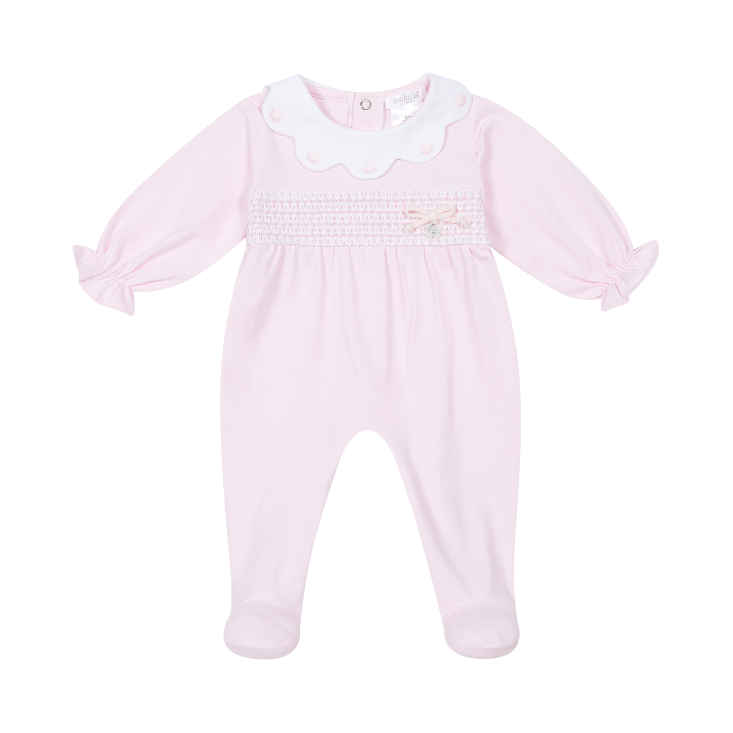 Pink baby romper with white collar on a white background