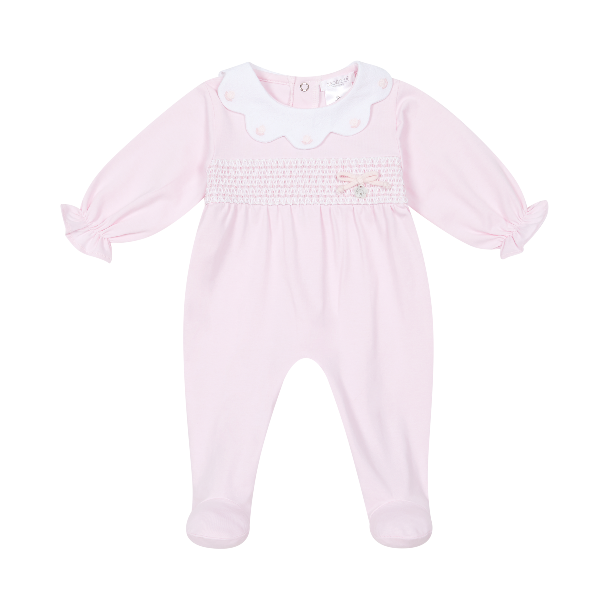 Pink baby romper with white collar on a white background
