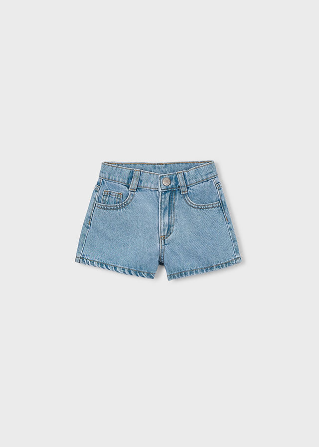 Blue denim shorts on a light gray background